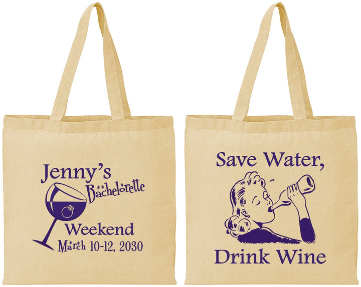 Personalized Bachelorette Cotton Tote Bags - Save Water Drink Wine | 60120