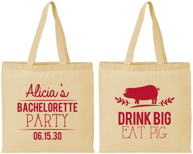 Personalized Bachelorette Cotton Tote Bags - Drink Big Eat Pig | 60169