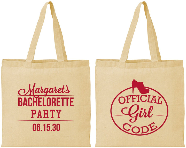 Personalized Bachelorette Cotton Tote Bags - Official Girl Code | 60176
