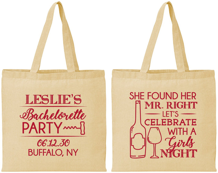 Personalized Bachelorette Cotton Tote Bags - Mr Right Girls Night | 60180