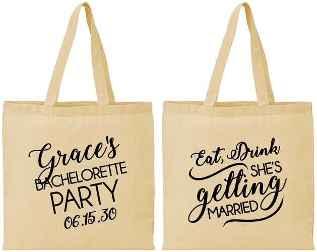 Personalized Bachelorette Cotton Tote Bags - Eat Drink Getting Married | 60181