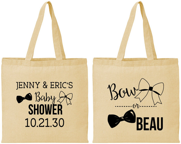Personalized Baby Shower Cotton Tote Bags - Gender Reveal Bow Or Beau | 90004