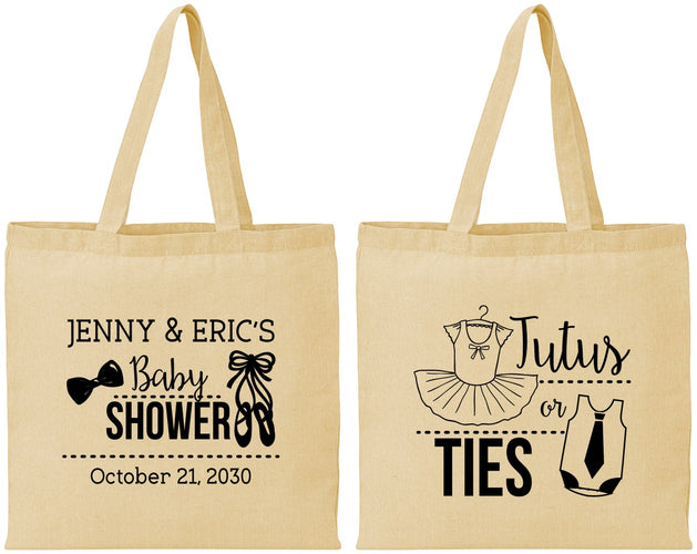 Personalized Baby Shower Cotton Tote Bags - Gender Reveal Tutus Or Ties | 90033
