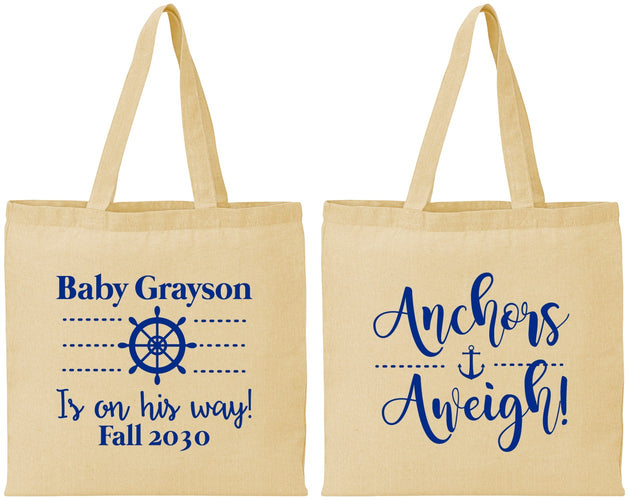 Personalized Baby Shower Cotton Tote Bags - Nautical Anchors Aweigh | 90054