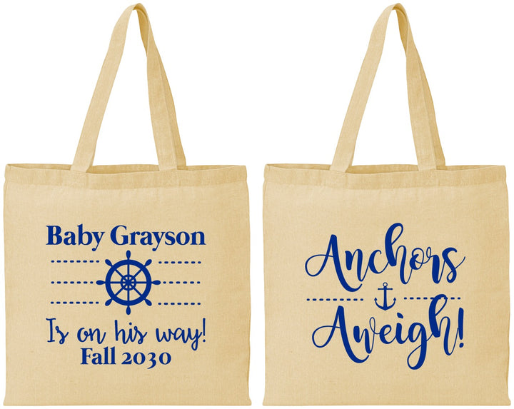 Personalized Baby Shower Cotton Tote Bags - Nautical Anchors Aweigh | 90054
