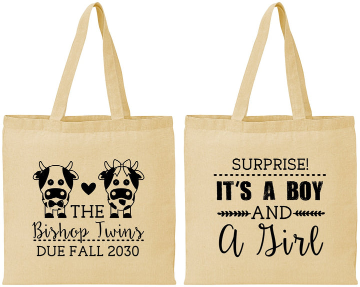 Personalized Baby Shower Cotton Tote Bags - Twins Baby Cows | 90067