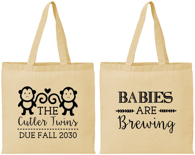 Personalized Baby Shower Cotton Tote Bags - Twins Baby Monkeys | 90068