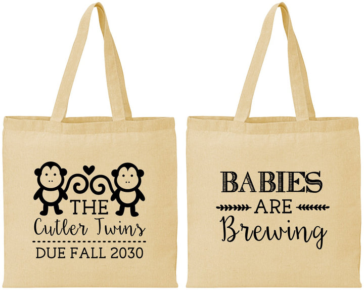 Personalized Baby Shower Cotton Tote Bags - Twins Baby Monkeys | 90068