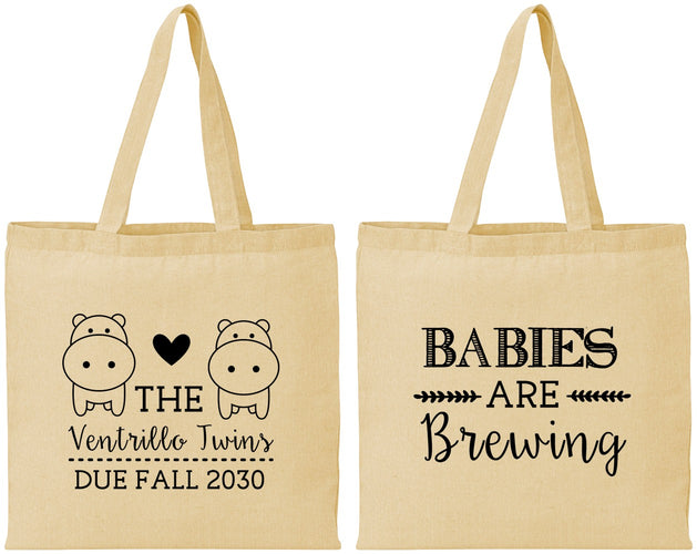 Personalized Baby Shower Cotton Tote Bags - Twins Baby Hippos | 90069