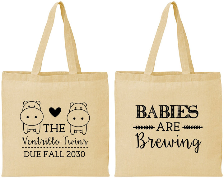 Personalized Baby Shower Cotton Tote Bags - Twins Baby Hippos | 90069