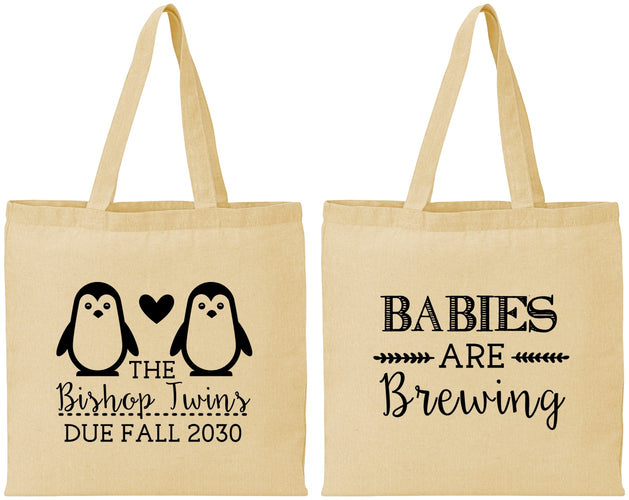 Personalized Baby Shower Cotton Tote Bags - Twins Baby Penguins | 90070