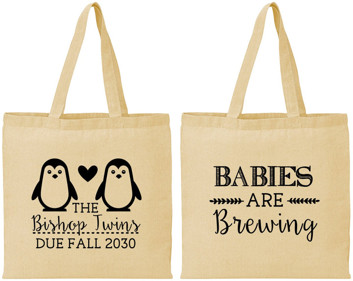 Personalized Baby Shower Cotton Tote Bags - Twins Baby Penguins | 90070