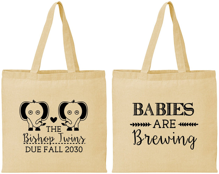 Personalized Baby Shower Cotton Tote Bags - Twins Baby Elephant | 90071