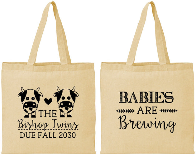 Personalized Baby Shower Cotton Tote Bags - Twins Baby Cows | 90072