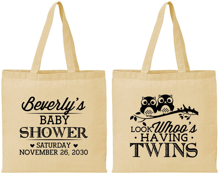 Personalized Baby Shower Cotton Tote Bags - Twins Baby Owls | 90074