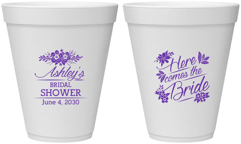 Personalized Bridal Shower 12 oz Foam Cups - Here Comes The Bride | 100000