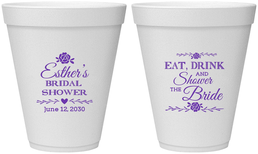 Personalized Bridal Shower 12 oz Foam Cups - Eat Drink Shower Bride | 100002