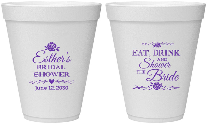 Personalized Bridal Shower 12 oz Foam Cups - Eat Drink Shower Bride | 100002