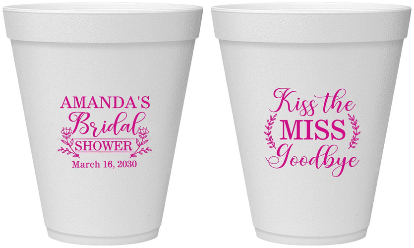 Personalized Bridal Shower 12 oz Foam Cups - Kiss The Miss Goodbye | 100017
