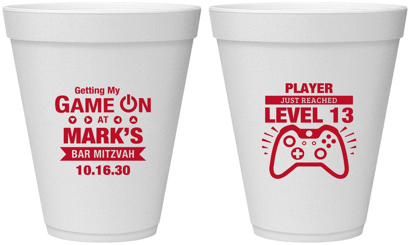 Personalized Bar Mitzvah 12 oz Foam Cups - 13th Birthday Video Game | 110013