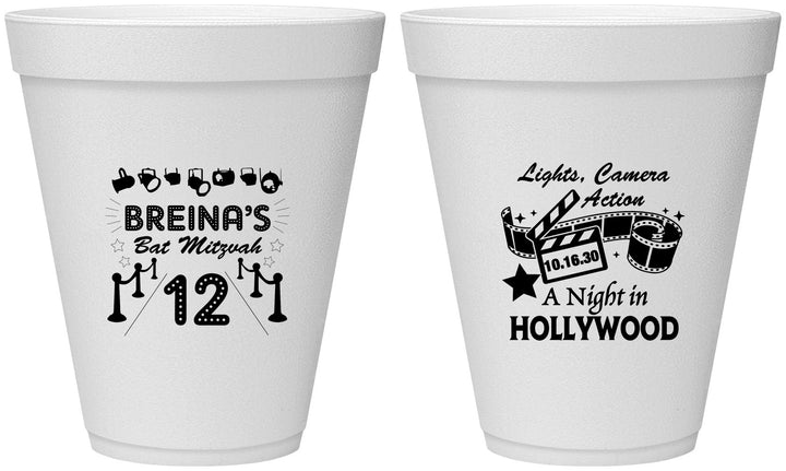 Personalized Bat Mitzvah 12 oz Foam Cups - 12th Birthday Hollywood | 120006