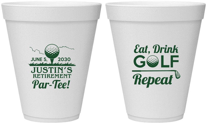 Personalized Retirement 12 oz Foam Cups - Eat Drink Golf Repeat | 150005