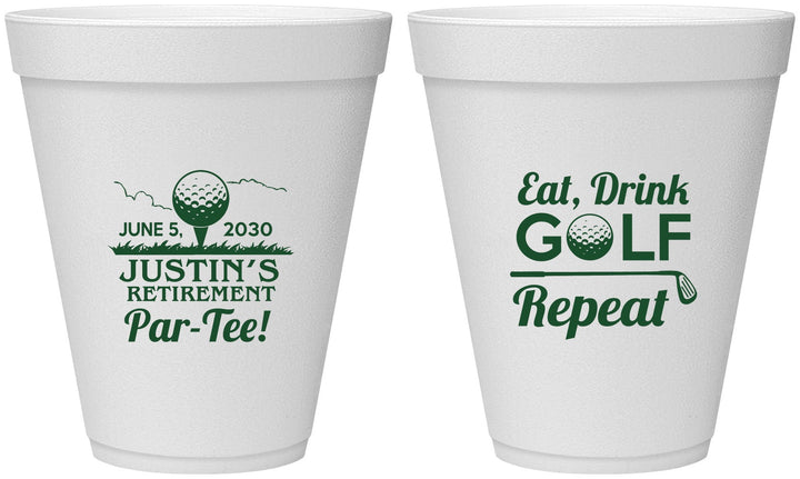 Personalized Retirement 12 oz Foam Cups - Eat Drink Golf Repeat | 150005