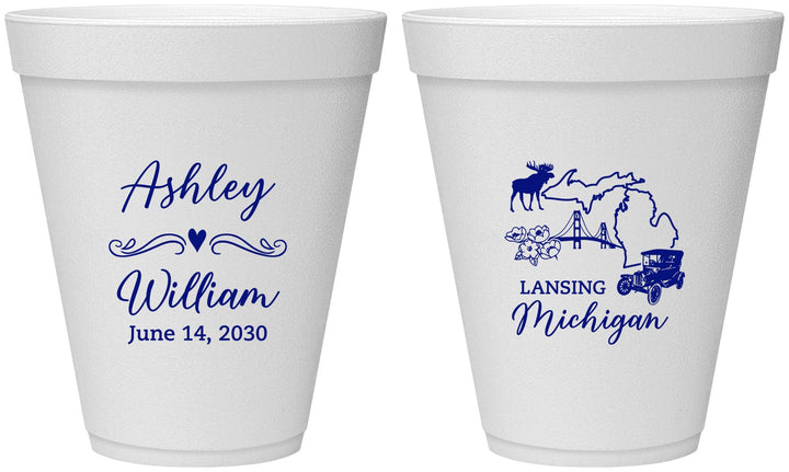 Personalized Wedding 12 oz Foam Cups - Michigan | 171