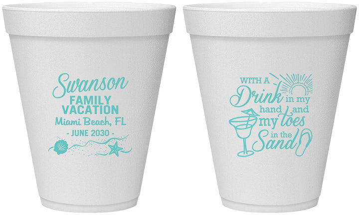 Personalized Family Vacation 12 oz Foam Cups - Beach Toes In The Sand | 180000