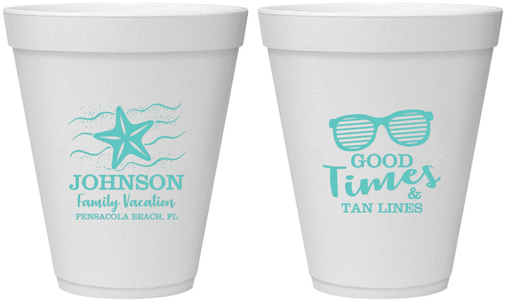 Personalized Family Vacation 12 oz Foam Cups - Good Times Tan Lines | 180003