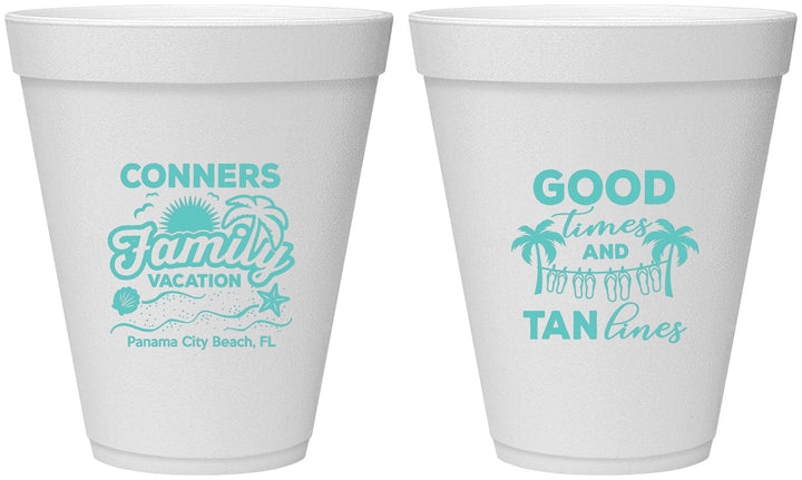 Personalized Family Vacation 12 oz Foam Cups - Good Times Tan Lines | 180005