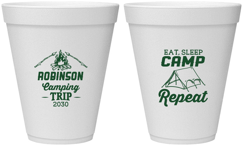 Personalized Family Vacation 12 oz Foam Cups - Eat Sleep Camp Repeat | 180014