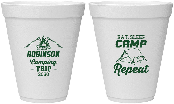 Personalized Family Vacation 12 oz Foam Cups - Eat Sleep Camp Repeat | 180014