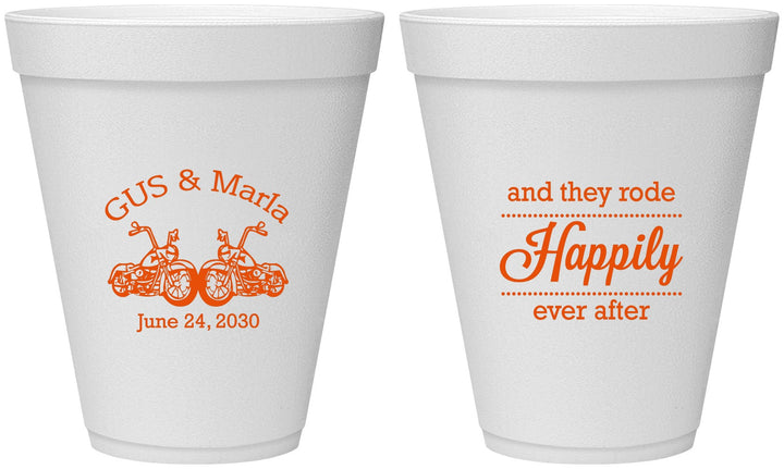 Personalized Wedding 12 oz Foam Cups - Happily Ever After Motorcycle | 200