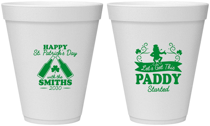 Personalized St Patricks Day 12 oz Foam Cups - Lets Get The Paddy Started | 200014