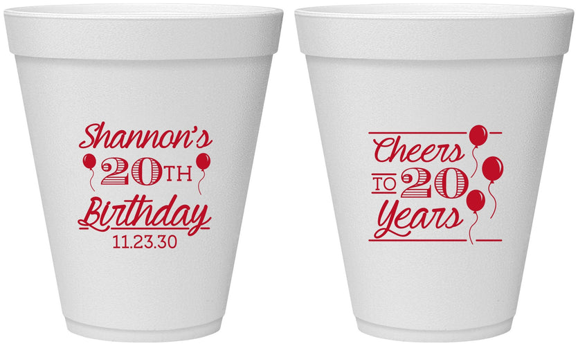 Personalized Birthday 12 oz Foam Cups - Cheers To 20 Years | 20004