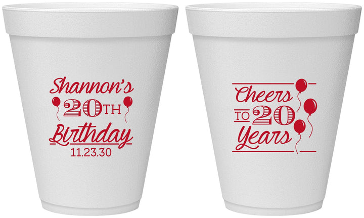 Personalized Birthday 12 oz Foam Cups - Cheers To 20 Years | 20004