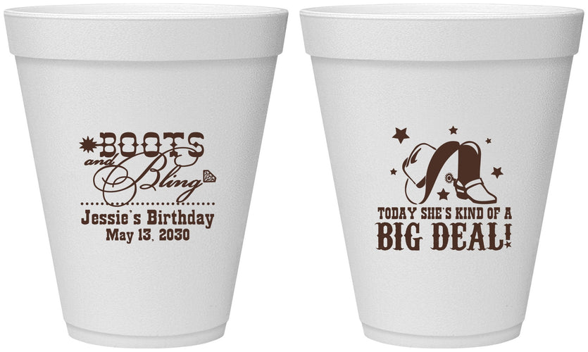 Personalized Birthday 12 oz Foam Cups - Boots And Bling | 20038