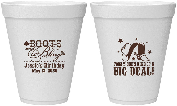 Personalized Birthday 12 oz Foam Cups - Boots And Bling | 20038