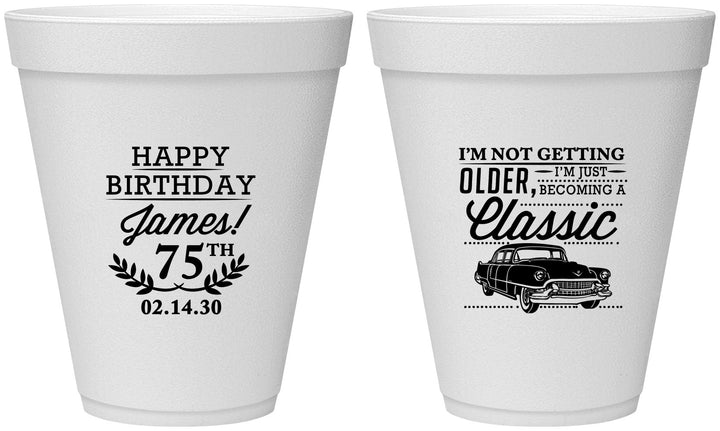 Personalized Birthday 12 oz Foam Cups - 75th Classic Car | 20055