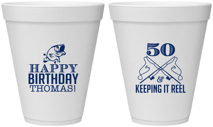 Personalized Birthday 12 oz Foam Cups - 50th Keeping It Reel | 20066