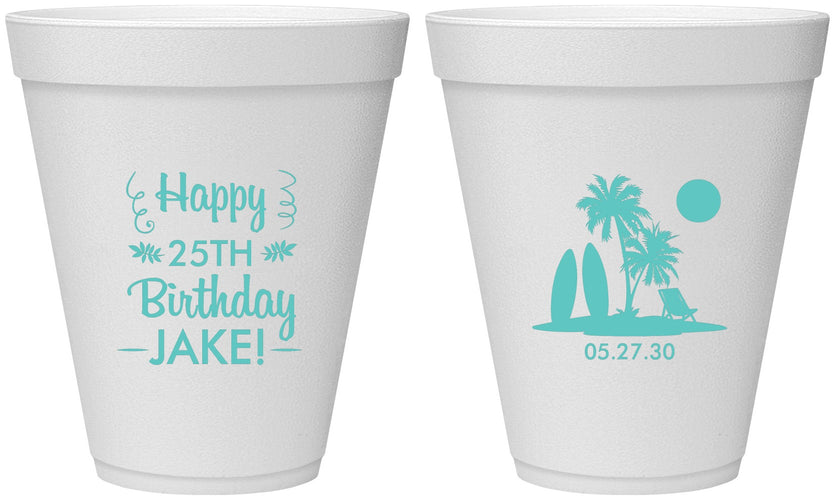 Personalized Birthday 12 oz Foam Cups - 25th Beach | 20079