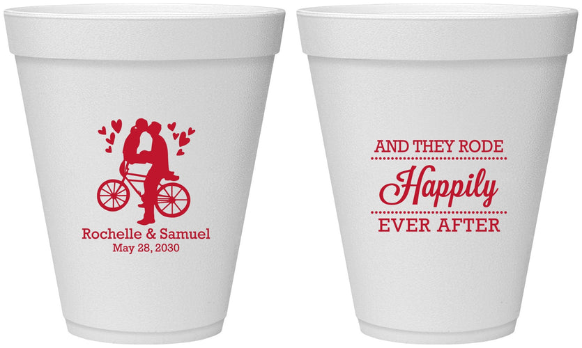 Personalized Wedding 12 oz Foam Cups - Happily Ever After Bicycle | 201