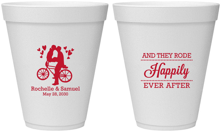Personalized Wedding 12 oz Foam Cups - Happily Ever After Bicycle | 201