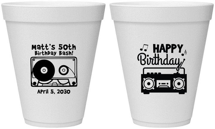 Personalized Birthday 12 oz Foam Cups - 50th Cassette Tape | 20117