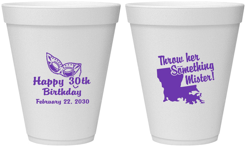 Personalized Birthday 12 oz Foam Cups - 30th Mardi Gras | 20146