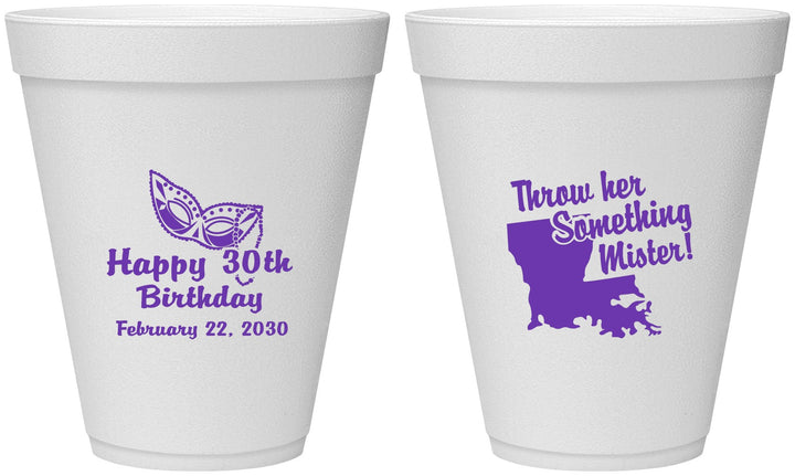 Personalized Birthday 12 oz Foam Cups - 30th Mardi Gras | 20146