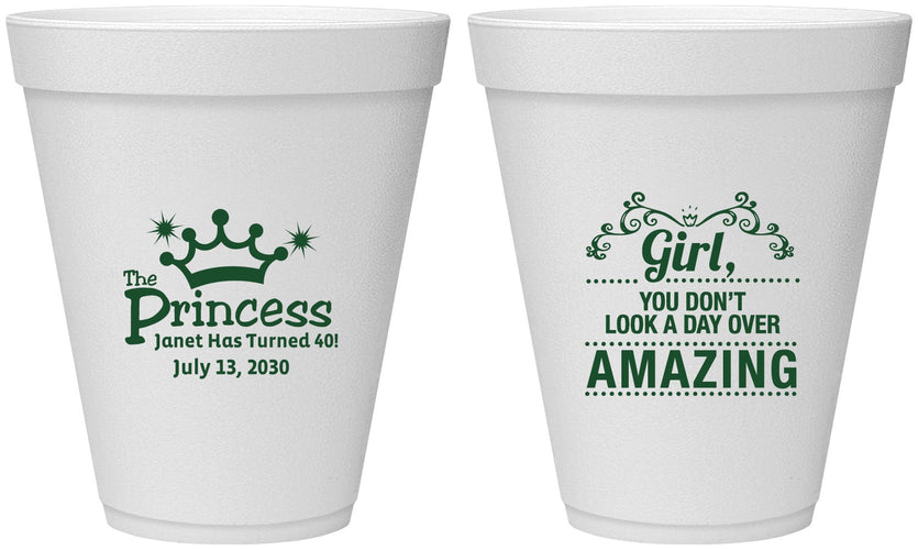 Personalized Birthday 12 oz Foam Cups - 40th Princess | 20152