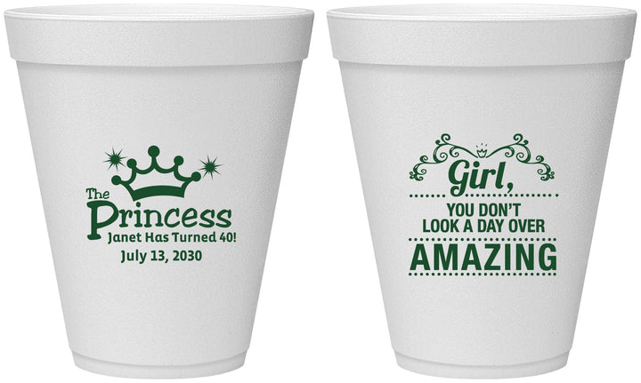 Personalized Birthday 12 oz Foam Cups - 40th Princess | 20152