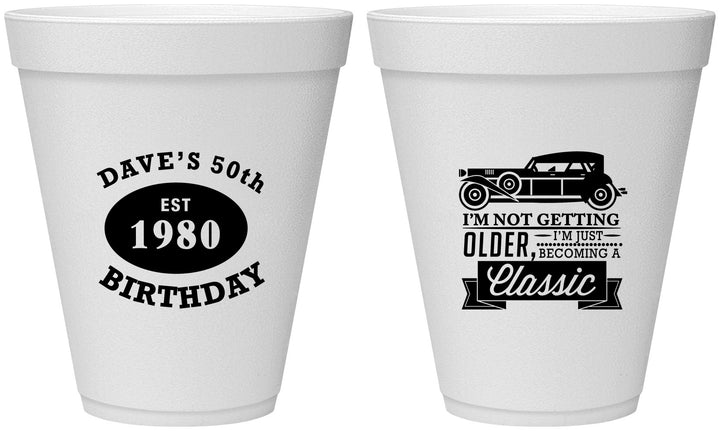 Personalized Birthday 12 oz Foam Cups - 50th Classic Car | 20156